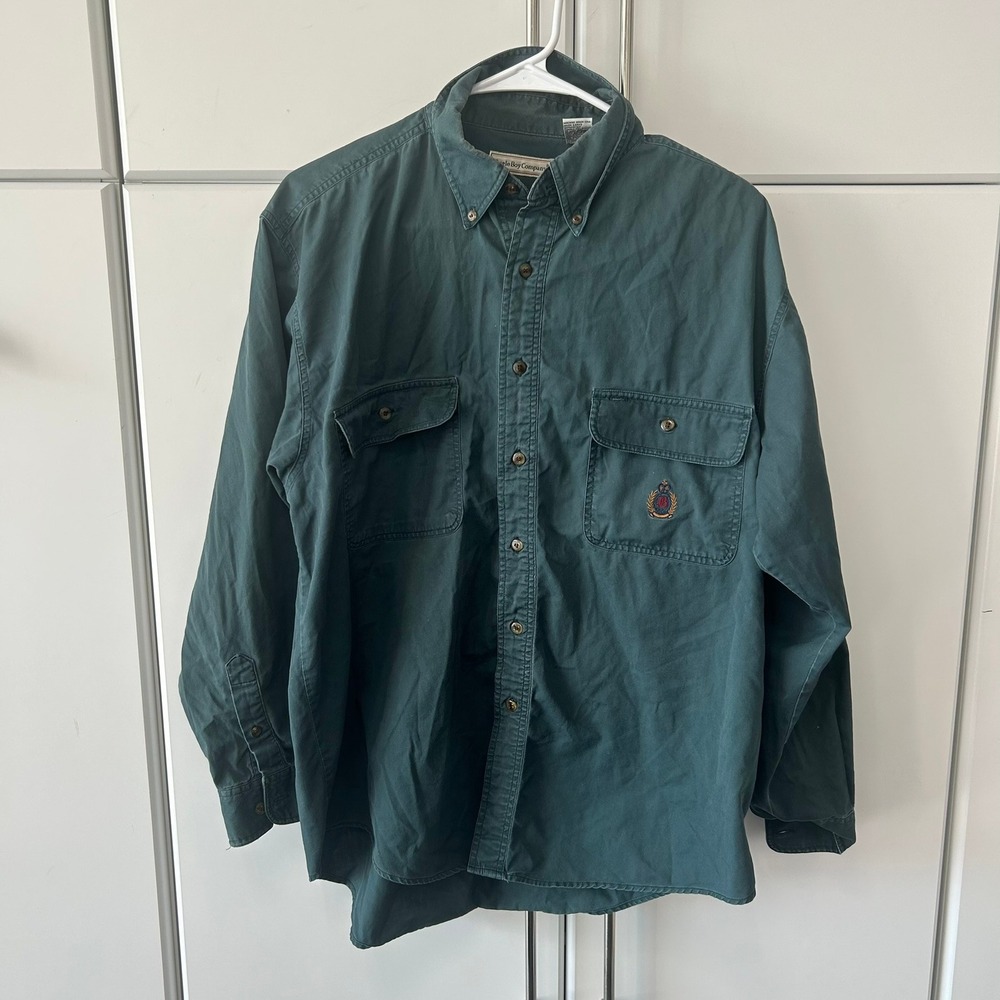 Bugle Boy Company Mens Hunter Green Cotton Twill Button Down Shirt Crest Logo L